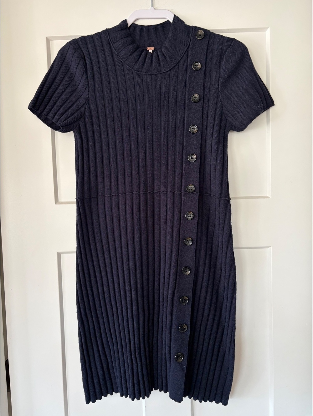 Free People Ribbed Knit Button-Side Sweater Dress — Navy, Size M